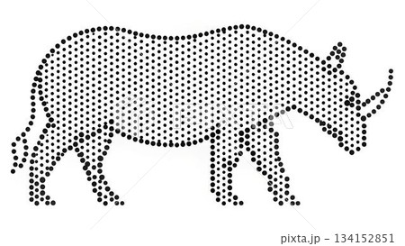 The image shows an illustration of a rhinoceros outlined by evenly spaced black dots, set against a solid white background, creating a unique dotted animal 134152851