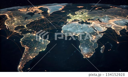 This image showcases a global network, displaying the world map with illuminated cities interconnected by a web of lines against a dark, starry 134152928