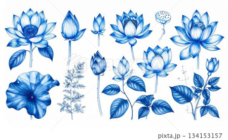 The image showcases an array of blue botanical illustrations, including water lilies, buds at varied stages of bloom, and detailed leaves and stems, all elegantly rendered on a white 134153157