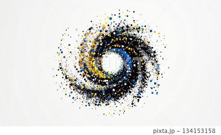 The image showcases an abstract swirl of black, blue, and yellow dots against a white background, creating a dynamic and visually engaging central composition with a vortex-like 134153158