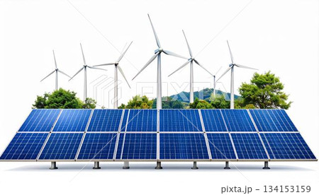 The image shows array of solar panels in the foreground with several wind turbines behind them in a natural environment, illustrating alternative clean energy 134153159