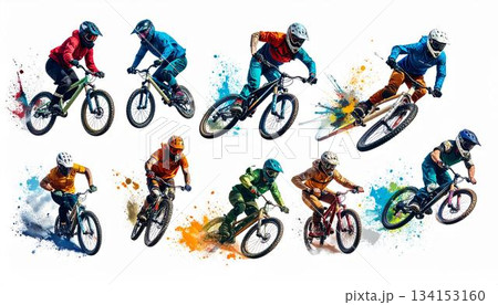 The image showcases a dynamic composition of ten mountain bikers performing stunts, each rider wearing protective gear and vibrant athletic apparel, set against a pure white 134153160