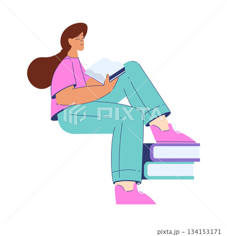 Woman Student Character Read Book Engaged in Education and Study Vector Illustration Woman Student Character Read Book Engaged in Education and Study Vector Illustration 134153171