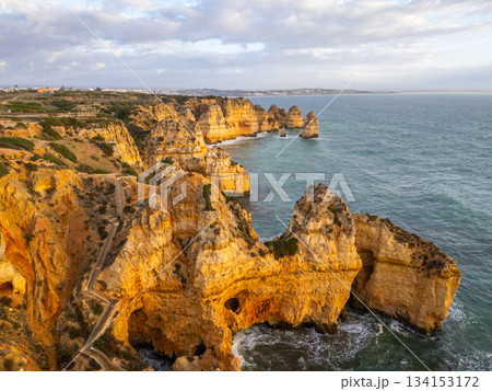 Ponta da Piedade Rock Formations and Atlantic Ocean on Sunny Morning. Algarve, Portugal 134153172