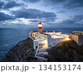 Cape Sao Vicente, Lighthouse and Atlantic Ocean in Evening Twilight. Aerial View. Algarve, Portugal 134153174