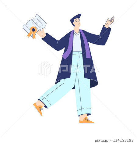 Man Student Character in Graduation Gown and Hat Enjoy with Diploma Ceremony Vector Illustration 134153185