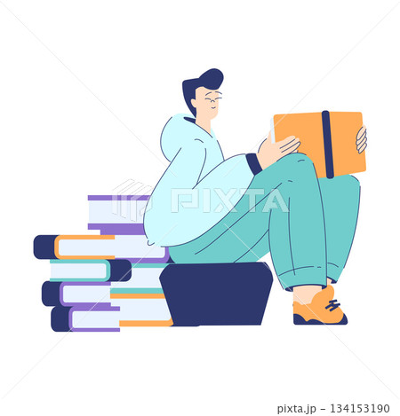 Man Student Character Sit with Book Engaged in Education and Study Vector Illustration 134153190