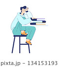Man Student Character Sit at Table with Book Engaged in Education and Study Vector Illustration 134153193