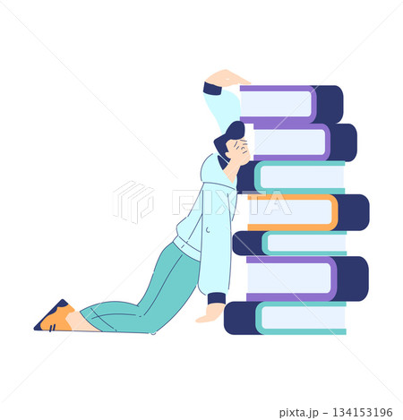 Man Student Character Tired and Exhausted Lean on Book Pile Engaged in Education and Study Vector Illustration 134153196