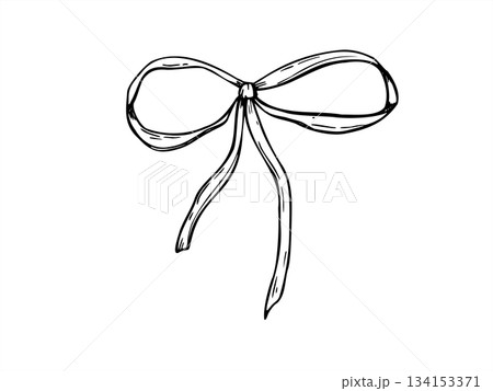 Decorative satin bow vector isolated illustration. Silk ribbon with tied knot line art black ink sketch. Simple classic element Linear draw for wedding stationery, fashion design, greeting cards 134153371