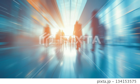 Blurred office interior with businessmen walking and working, showing corporate environment. 134153575