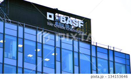 Warsaw, Poland. 28 November 2025. Urban landscape. Neon sign with the inscription: BASF. Warsaw, Poland. 28 November 2025. Urban landscape. Neon sign with the inscription: BASF. 134153646