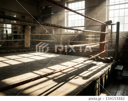 Sunlight streams through the windows casting diagonal shadows across the boxing ring. Dust particles float in the light revealing the room's atmosphere. The ropes and mat show signs of use. 134153882