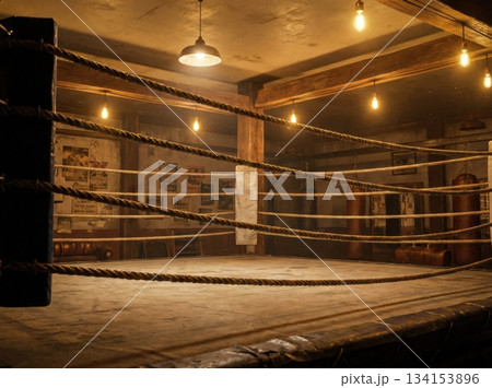 empty boxing ring sits under soft warm lights in an old training hall. Surrounding walls have posters and memories of past fighters. The space feels alive with history. empty boxing ring sits under soft warm lights in an old training hall. Surrounding walls have posters and memories of past fighters. The space feels alive with history. 134153896