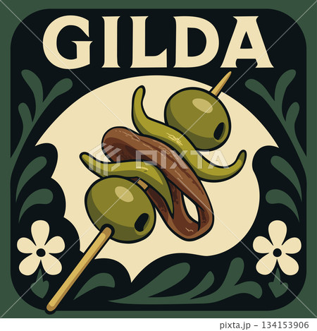 Gilda, canape with pickled pitted olives and hot green peppers with salted anchovy fillets on rustic wooden toothpick on vibrant decorative background Gilda, canape with pickled pitted olives and hot green peppers with salted anchovy fillets on rustic wooden toothpick on vibrant decorative background 134153906