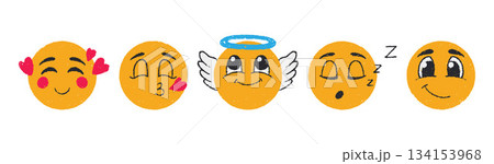 Playful doodle emoticon set featuring colorful round characters with various expressions. 134153968