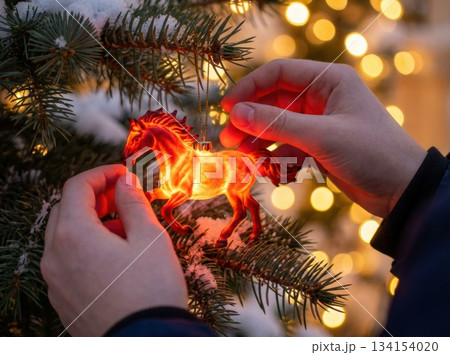 Hands carefully set a glowing horse toy on a green evergreen branch. The background shows bright lights and a winter scene. 134154020