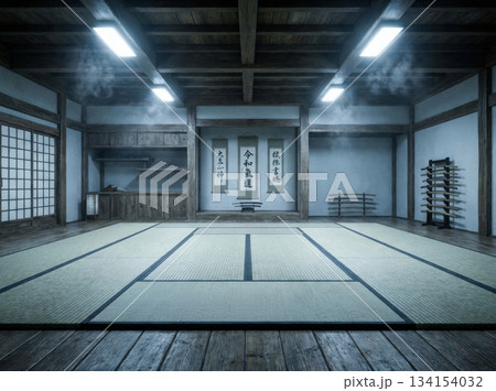 empty dojo with tatami mats under strong cold light. The design features wooden elements and minimal decoration. This space is used for various martial arts training sessions. 134154032