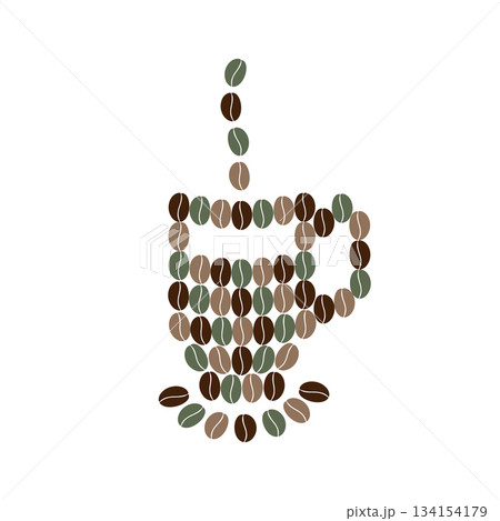 Coffee Cup with saucer and steam made of multicolored Coffee beans Minimalistic Flat Design element. Isolated Vector illustration Coffee Day Greetings Thematic Cards Social media Post Promo Materials 134154179