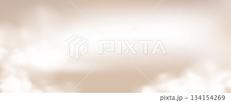 Beige cream smoke cloud studio background. Heaven fog sky template. Brown gradient backdrop with white mist elements. Pastel caramel colors clouds on floor. Vector illustration 134154269