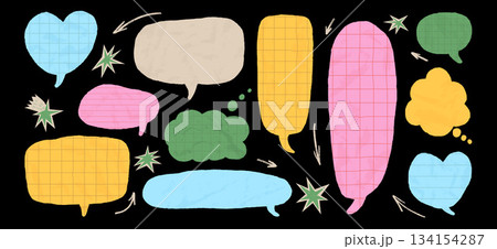 Crumpled paper speech bubbles multicolors. Text boxes math gridded with torn edges. Creative dialogue stickers for chat templates, scrapbook and playful retro revival designs. Vector kids talk boxes 134154287