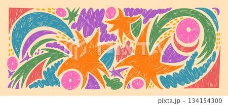 Funky stars, irregular blobs, arrows crayon drawn pattern set. Kindergarten chalk elements doodle isolated on beige background. Kid twinkles elements. Vector illustration by colorful pastel pencil Funky stars, irregular blobs, arrows crayon drawn pattern set. Kindergarten chalk elements doodle isolated on beige background. Kid twinkles elements. Vector illustration by colorful pastel pencil 134154300