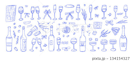 Wine, cheese doodle set. Italian hand drawn mediterranean drinks tasting party. Sketch line drawing cocktail charcuterie scribble whimsical illustration. Vector wineglasses, bottles isolated no bg Wine, cheese doodle set. Italian hand drawn mediterranean drinks tasting party. Sketch line drawing cocktail charcuterie scribble whimsical illustration. Vector wineglasses, bottles isolated no bg 134154327