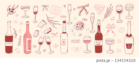 Wine and cheese whimsical coquette doodle set with bottle, glass. Hand-drawn sketches for party menu, restaurant designs, or wine-tasting event. Vector red, pink wineglasses isolated on beige bg Wine and cheese whimsical coquette doodle set with bottle, glass. Hand-drawn sketches for party menu, restaurant designs, or wine-tasting event. Vector red, pink wineglasses isolated on beige bg 134154328