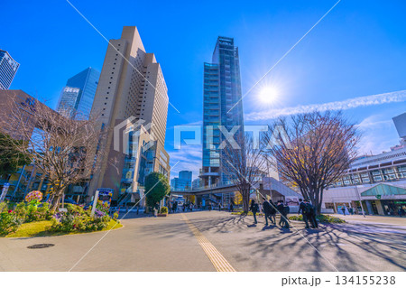 日本の横浜都市景観 師走。長い影…。JR桜木町駅やクロスゲート、ワシントンH、富士ソフトなどのビル群 134155238