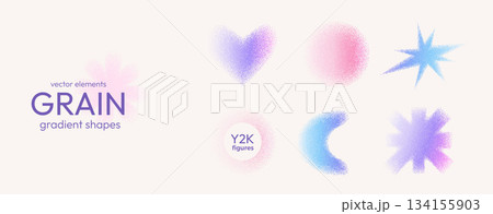 Pastel colors grain gradient shapes. Y2k retro stippling moon, star forms set. Heart, flower, circle and star icons on beige background. Vector pink, blue and purple illustration isolated 134155903