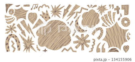Abstract collage scrap cutouts background. Geometric and organic figures set. Music note, stars, arrows, heart doodle stickers with crayon drawn textures. Vector graphic illustration isolated no bg Abstract collage scrap cutouts background. Geometric and organic figures set. Music note, stars, arrows, heart doodle stickers with crayon drawn textures. Vector graphic illustration isolated no bg 134155906