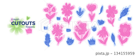 Paper scrapbook scribble cutouts flowers. Naive blue pink angular nature stickers. Set of nordic floral shapes with crayon textures. Girly spring holiday collage wildflower cutout. Vector illustration Paper scrapbook scribble cutouts flowers. Naive blue pink angular nature stickers. Set of nordic floral shapes with crayon textures. Girly spring holiday collage wildflower cutout. Vector illustration 134155959