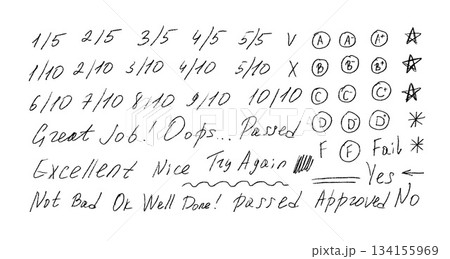 Hand-drawn school marks and exam grade symbols. Doodle pen checkmarks, circles, arrows and underlines. Teacher's handwriting elements with ink checks, crosses and plus signs for test scoring 134155969
