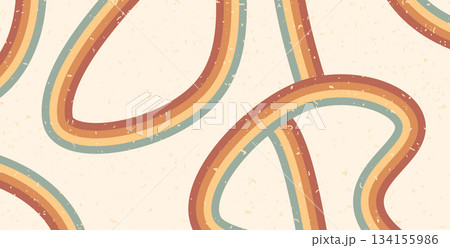 Retro rainbow whimsical lines path background. Horizontal banner with boho loop stripes abstract pattern. Vector vintage curved underline geometric backdrop. Dynamic grunge noise playful wallpaper 134155986
