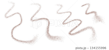 Coffee powder top view set. Grounded cocoa squiggles lines. Noise dark brown gradients fly curved shape. Grainy texture splash wavy long textured elements. Vector gritty wavy line isolate Coffee powder top view set. Grounded cocoa squiggles lines. Noise dark brown gradients fly curved shape. Grainy texture splash wavy long textured elements. Vector gritty wavy line isolate 134155996