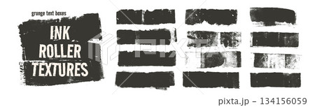 Set of black roller rough ink textures. Charcoal or paint brush strokes. Rectangle grunge text boxes. Wide brush stroke streaks set. Quotation boxes grange textures. Vector ink rolled border elements 134156059