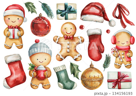Gingerbread cookies Christmas watercolor clipart with gifts stockings ornaments mittens and cozy festive holiday elements 134156193