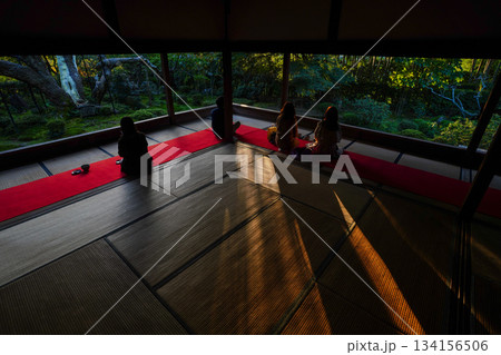 京都大原宝泉院の被毛戦に座って庭を眺める人々の後ろ姿 134156506