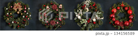 Banner featuring Christmas wreaths made of live fir branches, toys, snowflakes, and decorations. A design template and layout for holiday advertising. A beautiful festive background for Christmas Eve 134156589
