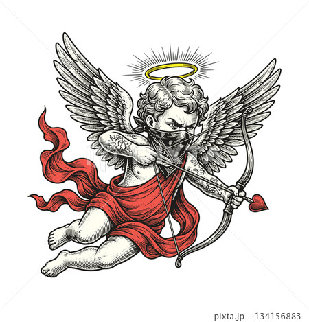 Vintage Cupid with Bandana and Tattoos Vector Art 134156883