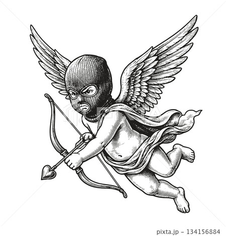 Vintage Cupid with Balaclava Brutal Vector Art 134156884