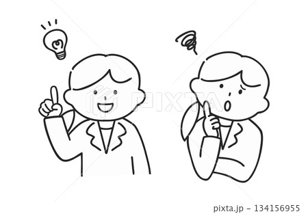 スーツを着た閃く女性と悩む女性（線画） 134156955