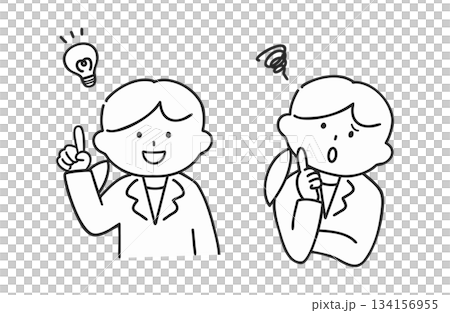 スーツを着た閃く女性と悩む女性（線画） 134156955