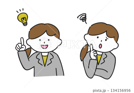 スーツを着た閃く女性と悩む女性（茶髪） 134156956