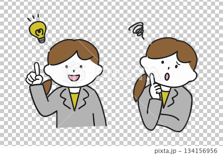 スーツを着た閃く女性と悩む女性（茶髪） 134156956