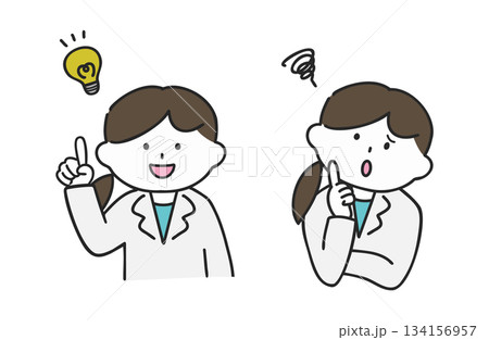 白衣を着た閃く女性と悩む女性 白衣を着た閃く女性と悩む女性 134156957