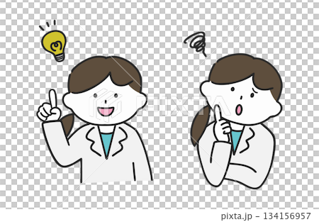 白衣を着た閃く女性と悩む女性 白衣を着た閃く女性と悩む女性 134156957