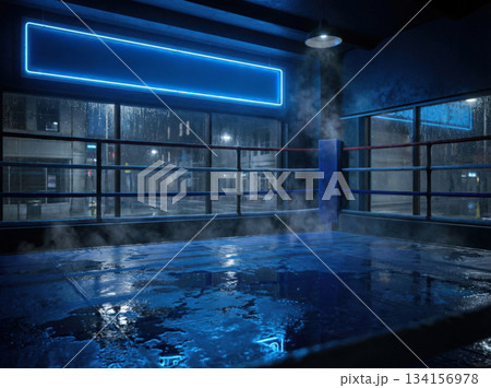 Bright blue light illuminates a wet boxing ring at night. Water glistens on the mat creating a moody scene as mist swirls in the air. The environment feels cool and damp. Bright blue light illuminates a wet boxing ring at night. Water glistens on the mat creating a moody scene as mist swirls in the air. The environment feels cool and damp. 134156978