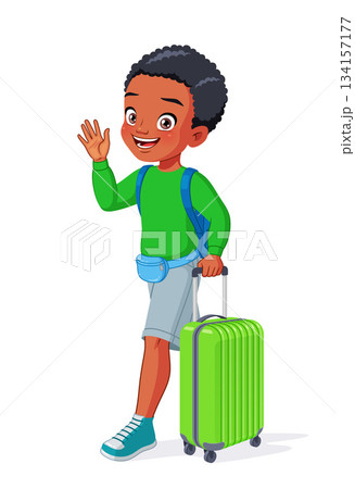 Happy African-American boy pulling a suitcase and waving hand as he goes off on a vacation. Cartoon vector illustration. Happy African-American boy pulling a suitcase and waving hand as he goes off on a vacation. Cartoon vector illustration. 134157177