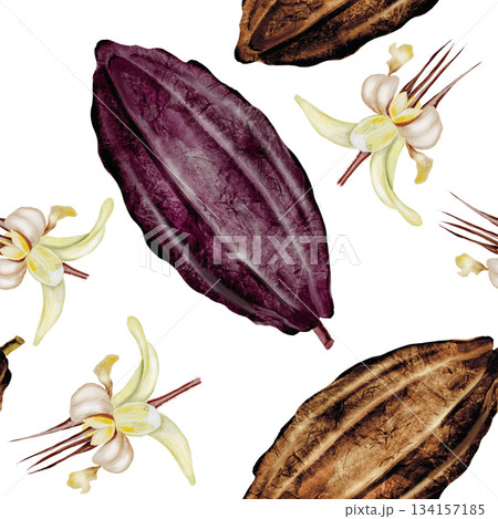 Cocoa beans with flowers seamless watercolor pattern. Superfood ornament. Hand-drawn watercolor illustration on a white background. For chocolate and cocoa product designs. 134157185